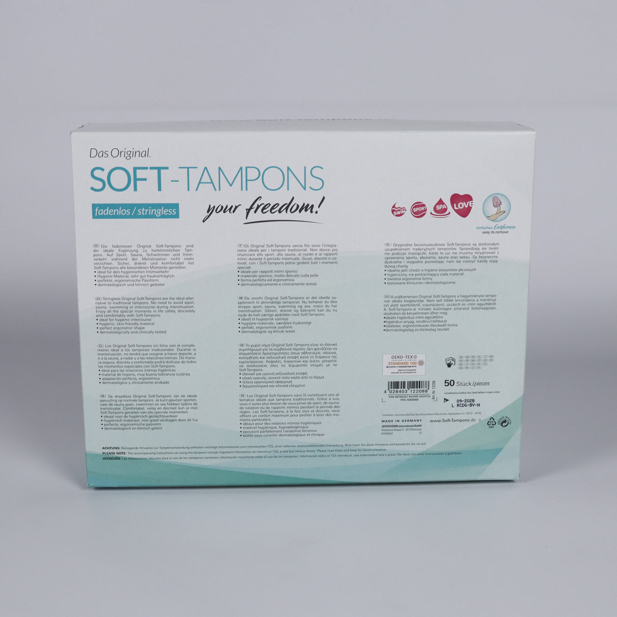 Achterkant van grote soft tampon doos met informatie